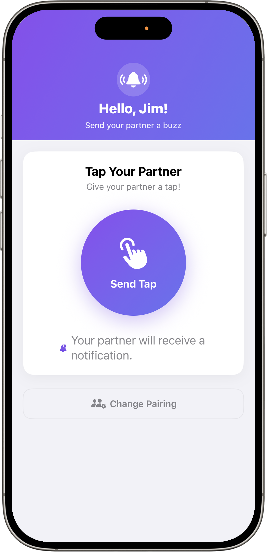 Two paired iPhones running tap ME, connected between a You and a Partner profile — a simple tap says everything