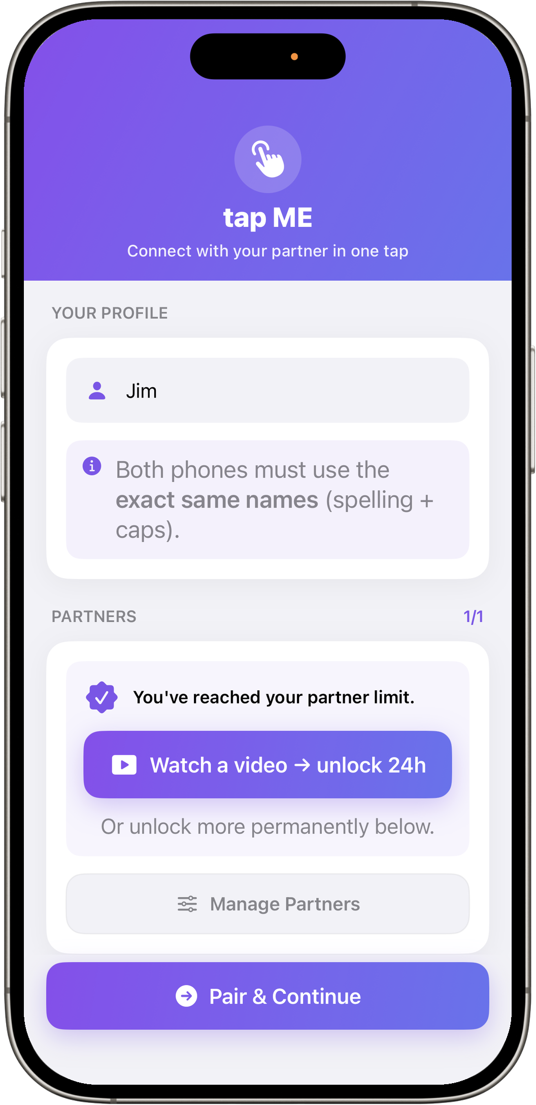 tap ME feature screen: 100% silent, gentle vibration, private and secure — no sound needed, just a vibration that connects