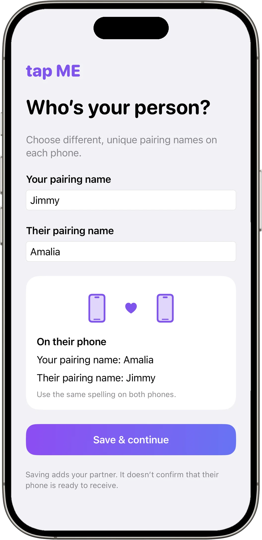 tap ME feature screen: 100% silent, gentle vibration, private and secure — no sound needed, just a vibration that connects
